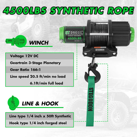 4500 Pound Waterproof Electric Winch For ATV And UTV With Synthetic Rope details and specifications