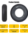 Side and front view of 4.80-8 Trailer Tires 6PR Load Range C Fuel Saving Design Built for Travel Camper Landscape Cargo Utility Boat