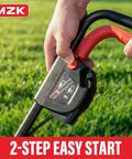 Close-up of handle on Cordless 20V 13 Inch Brushless Electric Lawn Mower With 4 Position Height Adjustment in use.