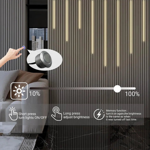 Touch control dimming for 8 Pack Black LED Recessed Lighting Kit With 3000K Warm White LED Strip Lights in wood slat walls