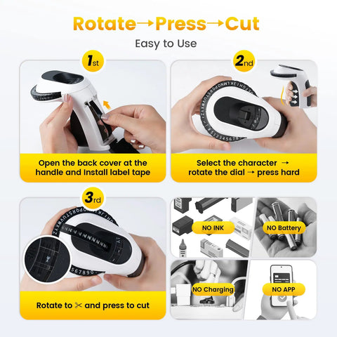 Super Slick Manual 3D Embossing Label Maker With Tape Roll Inkless Quiet Rotation Press Cut Mechanism No Batteries Or Apps Needed Easy Peasy For Home Office School Supplies And Junk Drawers - Instructional images showing usage steps.