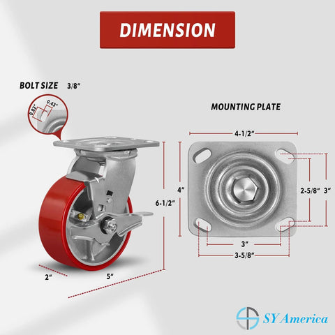Five Inch By Two Inch Caster Set Of Four Heavy Duty Industrial Casters With Non Marking Polyurethane Tread dimension diagram