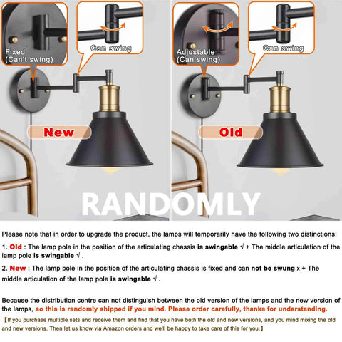 Comparison of old and new adjustable swing arm wall sconce with details on rotatable arm and fixed features on industrial bronze finish