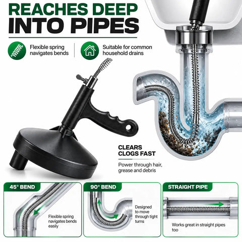 Professional Grade 25ft Manual Drain Auger And Drain Snake With Gloves For Kitchen Sink Shower Tub, showing flexible spring navigating pipe bends.
