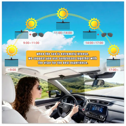 Polarized Sun Visor Extender For Cars With UV400 Blocker And Adjustable Clip On Design Universal Car Visor Extension For No Glare Reduction No Fuss Clip On Install For Safer Clearer Driving, shown in use inside a car blocking sunlight.