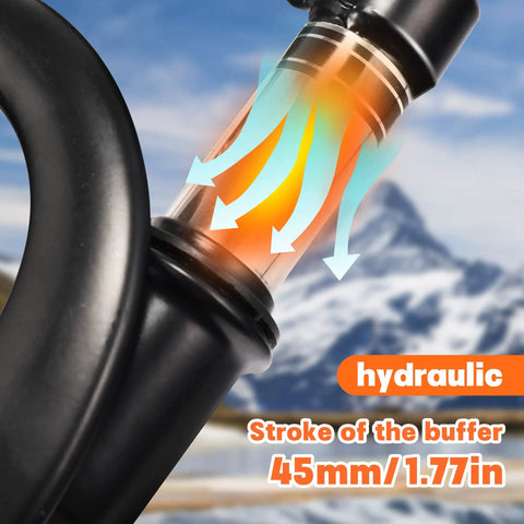12 Inch Front Suspension Fork With Alloy Steel Holder detail showing hydraulic buffer stroke in mountain setting, 45mm/1.77in.