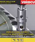 Front view of a 3-inch carbide hole saw with pilot drill bit mounted on a drill press, YOKOCUT brand