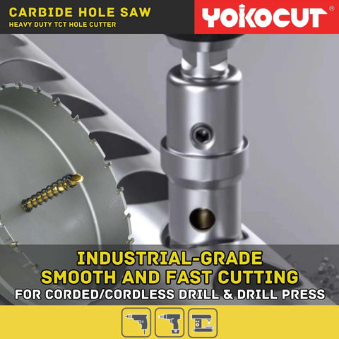 Front view of a 3-inch carbide hole saw with pilot drill bit mounted on a drill press, YOKOCUT brand