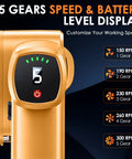 Cordless Electric Scissors With Smart Battery Display And LED Work Light, Rechargeable Box Cutter For Cardboard, 5 Speed Settings For Precise Cuts, Portable No Cord Power Tool For Packaging And Crafts. Gold cordless electric scissors with battery display and 5 gear speed chart.