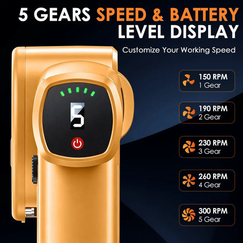 Cordless Electric Scissors With Smart Battery Display And LED Work Light, Rechargeable Box Cutter For Cardboard, 5 Speed Settings For Precise Cuts, Portable No Cord Power Tool For Packaging And Crafts. Gold cordless electric scissors with battery display and 5 gear speed chart.