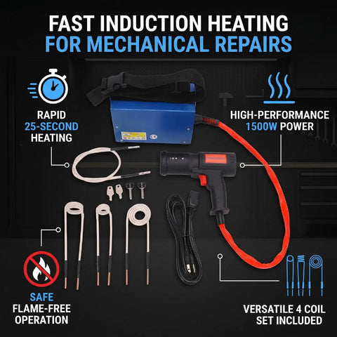 Professional 1500W Magnetic Induction Heater For Kicking Loose Seized Bolt Nut Screw And Bearing Remover With Hella Fast 25 Second Heat Cycle And Four Swappable Coils For No Sweat Garage Repairs, featuring coils and power supply.