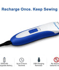 Electric Seam Ripper Pro Kit with Storage Case and USB Charging, featuring blue and white cordless stitch remover.