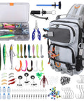 Go To Fishing Backpack With Tackle Boxes And Rod Holder Waterproof 420D Nylon Hydrophobic Coating And PVC Lining Includes 136 Pcs Lure Kit Hook Remover Lip Gripper Pliers Great Gift For Men Gray