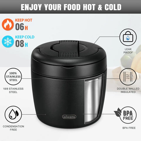 Black 32 Oz Thermo Food Jar For Hot Meals Keeps Soup Warm For Hours Vacuum Insulated Stainless Steel Bento Box with Infographic