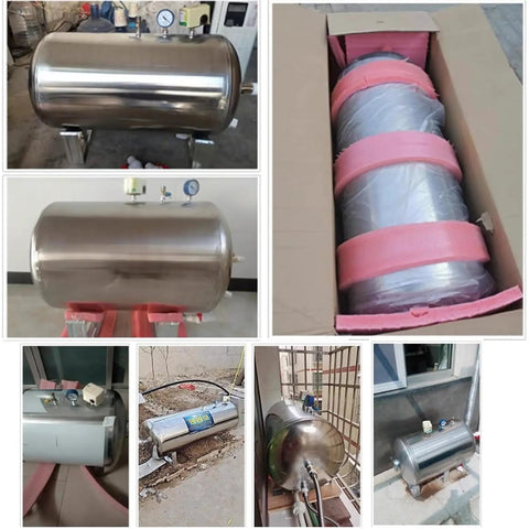 Heavy Duty 304 Stainless Steel Well Water Pressure Tank With Fully Automatic Controls, displayed from various angles.