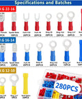 Insulated Wire Crimp Connectors Assortment Kit With Ring, Spade, Butt, And Quick Disconnect Terminals For Automotive And Household Wiring, chart of terminal sizes and specifications