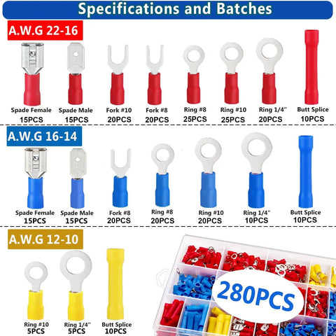 Insulated Wire Crimp Connectors Assortment Kit With Ring, Spade, Butt, And Quick Disconnect Terminals For Automotive And Household Wiring, chart of terminal sizes and specifications