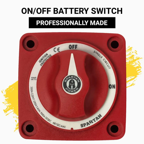 Beefy Heavy Duty Battery Disconnect Switch 300 Amp Ignition Protected For RVs Boats And Cars 12 Volt To 48 Volt Safe Battery Isolation And Power Cutoff Red showing On/Off knob.