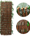 Expandable Fence Privacy Screen For Balcony And Patio Outdoor Decor Faux Ivy Fencing Panel Artificial Hedges With Single Sided Leaves In Realistic Green Ivy Look UV Stabilized Sun And Weather Resistant showing close-up of wood rods and leaves