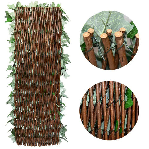 Expandable Fence Privacy Screen For Balcony And Patio Outdoor Decor Faux Ivy Fencing Panel Artificial Hedges With Single Sided Leaves In Realistic Green Ivy Look UV Stabilized Sun And Weather Resistant showing close-up of wood rods and leaves