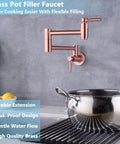 Rose Gold Pot Filler Faucet Wall Mount With Folding Extendable Arm And Double Joint Swing Stainless Steel Build Two Handle Kitchen Sink Spout Single Hole Install Copper Tone Finish Must Have For Busy Kitchens next to a stove and pot