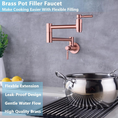 Rose Gold Pot Filler Faucet Wall Mount With Folding Extendable Arm And Double Joint Swing Stainless Steel Build Two Handle Kitchen Sink Spout Single Hole Install Copper Tone Finish Must Have For Busy Kitchens next to a stove and pot