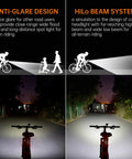 PR2400 2400 Lumen Mountain Bike Light with OLED Runtime Display showing anti-glare and hi-lo beam system on trail.