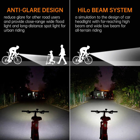 PR2400 2400 Lumen Mountain Bike Light with OLED Runtime Display showing anti-glare and hi-lo beam system on trail.