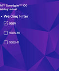 3M Speedglas 100 welding helmet filter options shown, featuring 100V, 100S-10, and 100S-11 selections, professional design.