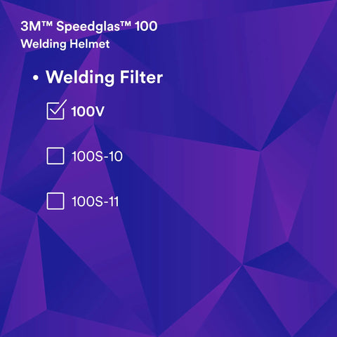 3M Speedglas 100 welding helmet filter options shown, featuring 100V, 100S-10, and 100S-11 selections, professional design.