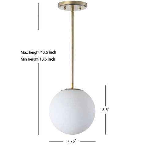 Dope White And Brass Modern Globe LED Pendant Light For Kitchen Island, 7.75 inch diameter with adjustable height shown