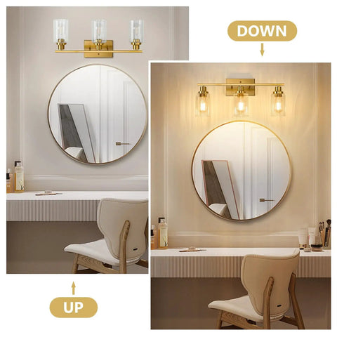 Three Light Brushed Gold Vanity Light With Fluted Glass Shades For Bathroom Modern Gold Over Mirror Fixture