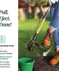 Person using Stand Up Weed Puller Tool With Long Handle And Foot Platform Heavy Duty 4 Claw Steel Head Weeder on garden weeds
