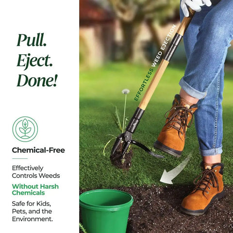 Person using Stand Up Weed Puller Tool With Long Handle And Foot Platform Heavy Duty 4 Claw Steel Head Weeder on garden weeds