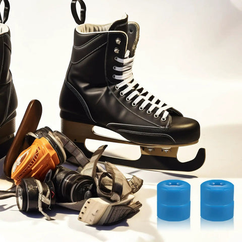Ice skates and accessories with two blue inline and quad skate wheels, Navy Pu Quad Roller Skate Wheels Set With Wrench 8 Pieces Replacement Wheels