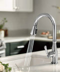 Elmhurst Do-It-All Single-Handle Kitchen Faucet With Pull-Down Sprayer, Chrome Finish, showing water stream in kitchen setting