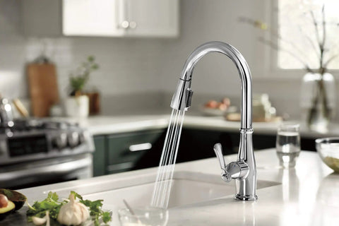 Elmhurst Do-It-All Single-Handle Kitchen Faucet With Pull-Down Sprayer, Chrome Finish, showing water stream in kitchen setting