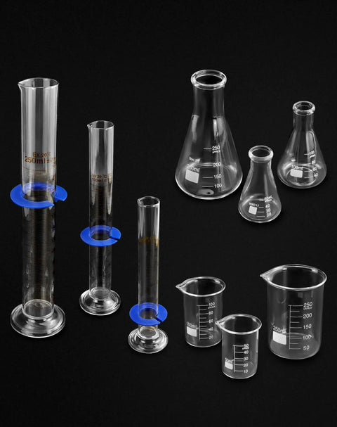 9 Piece Borosilicate Glass Labware Set With Beakers Erlenmeyer Flasks And Graduated Cylinders Heat Resistant Chemistry Gear