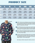Women's Christmas print long sleeve medical scrub jacket size chart with candy cane design and measurement guide