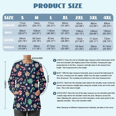 Women's Christmas print long sleeve medical scrub jacket size chart with candy cane design and measurement guide