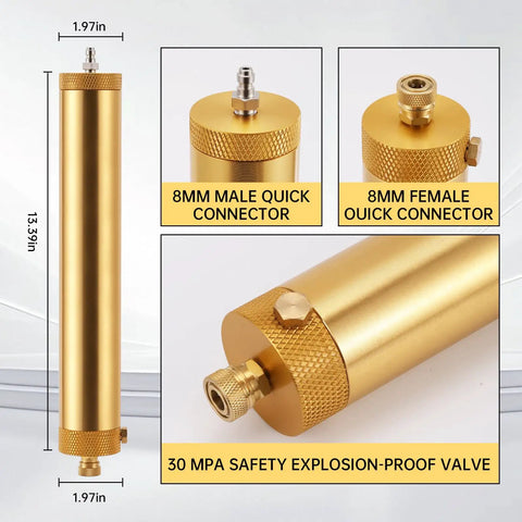 Oil Water Separator For PCP Air Compressors With 8mm Quick Connectors High Pressure Air Filter Seamless Aluminum Alloy Gold Finish