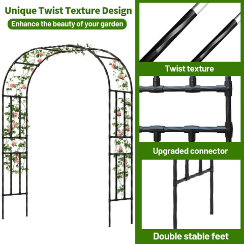 7.9 Foot Metal Garden Arch Trellis For Outdoor Climbing Plants, large wedding ceremony arbor with twist texture and stable feet