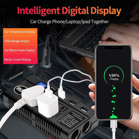 Game Changer 120W Car Power Inverter Loads Up Your Ride With Four Quick Charge USB slots and three standard outlets connected to phone.