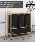 Front view of Four Section Bamboo Recycling Bin With Dual Trash And Recycle Bins For Kitchen Or Office, wooden frame with black compartments.