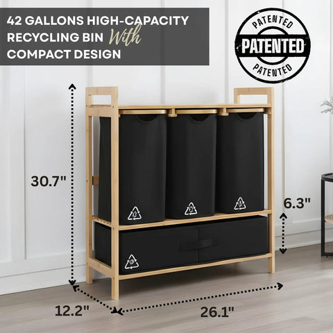 Front view of Four Section Bamboo Recycling Bin With Dual Trash And Recycle Bins For Kitchen Or Office, wooden frame with black compartments.