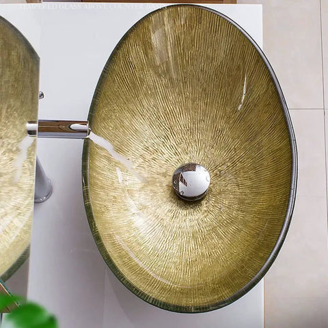 Top view of ingot shaped tempered glass bathroom countertop vessel sink, stylish design with center drain, 54cm length.