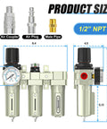 Beefed Up Heavy Duty Industrial Grade Half Inch NPT 3 Stage Air Drying System with filters and regulator, dimensions shown