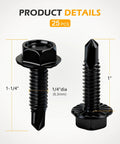 Hot Deal On 50 Black Hex Washer Head Self-Drilling Screws Size 14 Inch X 1 Inch Made From Top Tier Grade 8.8 Heat Treated Carbon Steel With Zinc Finish Heavy Duty Industrial Metal Fasteners For Tough Jobs, showing hex screws with dimensions.