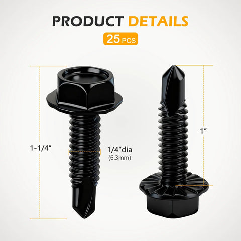 Hot Deal On 50 Black Hex Washer Head Self-Drilling Screws Size 14 Inch X 1 Inch Made From Top Tier Grade 8.8 Heat Treated Carbon Steel With Zinc Finish Heavy Duty Industrial Metal Fasteners For Tough Jobs, showing hex screws with dimensions.