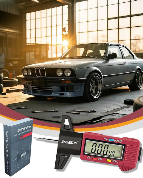 Digital Tire Tread Depth Gauge With Three Modes And Color Coded Scale next to a car in a garage with box packaging